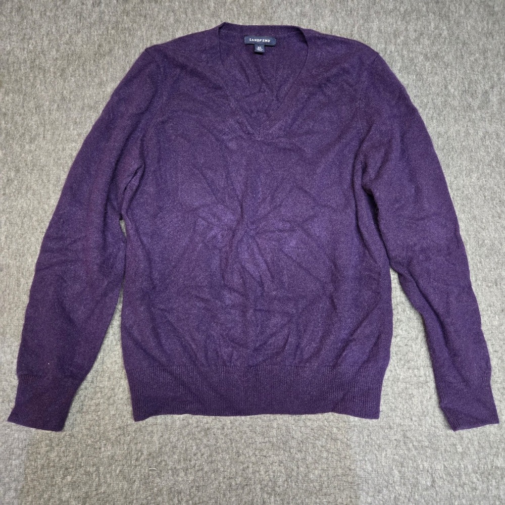 Lands End Sweater Womens Medium Purple 100% Cashmere V-Neck Long Sleeve Rib Trim